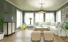 Interior rendering of a sophisticated living room with textured blue wallpaper, a large white sectional sofa, and various contemporary furnishings. The space is brightened by multiple windows and a stylish chandelier.