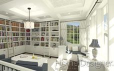 Interior rendering of an elegant home library with floor-to-ceiling white built-in bookshelves filled with books and decorative objects. The room features a coffered ceiling, a comfortable window seat, and a central seating area with a coffee table.