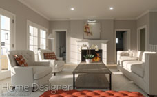 Interior rendering of a classic Southern Colonial great room, featuring elegant white upholstered furniture, a traditional fireplace with a mantelpiece, and light-colored walls. French doors and large windows allow ample natural light.