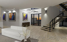 Interior rendering of a contemporary open-concept living space, featuring a light-toned stone fireplace, a white sofa, and modern art on the walls. A floating staircase with metal railings leads to an upper level, and large glass doors open to an outdoor view at dusk.