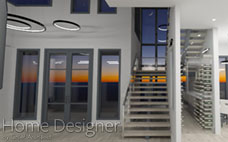 Interior rendering of a modern home's entryway and staircase, featuring sleek open treads, glass railings, and a dramatic double-height window displaying an evening sky with a moon. A contemporary dining area with a wine rack is visible to the right.