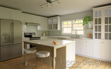 Traditional kitchen interior rendering with white shaker-style cabinetry, light blue subway tile backsplash, and stainless steel appliances. A central island with turned legs provides additional counter space and bar seating near a bright window.