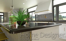 Modern kitchen rendering showcasing a dark-colored countertop with a distinct edge profile on a white island, adorned with a lush green plant. The space features large windows providing ample natural light, a white range hood, and yellow upholstered bar stools, extending into an open living area.