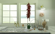 Farmhouse kitchen interior rendering focused on a sink area with brass fixtures and a white marble countertop. Above the sink, two multi-pane windows offer a glimpse of an ocean view, and a string of red chili peppers hangs decoratively between them. Various rustic kitchen decor items are arranged on the counter.