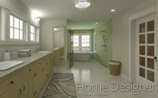 Photorealistic rendering of a contemporary ensuite bathroom featuring dual floating vanities with round mirrors, a large freestanding bathtub, and a spacious glass-enclosed shower. The design incorporates warm wood tones, natural stone textures, and ample natural light, creating a serene and luxurious atmosphere.