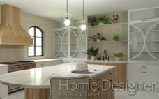 Traditional yet refined kitchen interior rendering featuring white cabinetry, a large natural wood range hood, and a spacious oval-shaped island with seating. The room is characterized by arched windows, a detailed wallpaper accent wall, and glass-front display cabinets with decorative mullions.