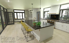 Spacious and bright kitchen interior rendering with white cabinetry, a large dark island with yellow bar stools, and professional-grade appliances. The room benefits from abundant natural light through large windows and features an open layout to an adjacent living area.