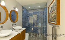 Modern ensuite bathroom rendering with a dual vanity featuring round wooden-framed mirrors and vessel sinks. A large glass-enclosed shower with blue hexagonal tiles is a prominent feature, complemented by contemporary artwork and clean lines.