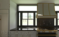 Kitchen rendering focusing on a wall with a prominent white and brass range hood centered between two large black-framed windows. The counter beneath the hood is black, with a professional gas range and a decorative backsplash featuring hanging utensils.