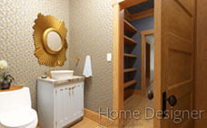 Elegant powder room interior rendering with patterned wallpaper, a pedestal sink with a unique gold mirror, and a white toilet. The view extends into a hallway with built-in wooden shelving, enhancing the room's traditional aesthetic.