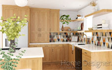 Bright and inviting kitchen interior rendering showcasing natural wood cabinetry, white countertops, and a distinctive geometric tile backsplash in earthy tones. The design incorporates open shelving and ample natural light from an overhead skylight and windows.