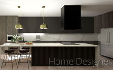 Modern Scandinavian kitchen interior rendering featuring dark fluted paneling on cabinetry and the island, contrasting with a light marble backsplash and countertop. Brass pendant lights illuminate the island, which is set with wire bar stools. A large window with geometric wallpaper provides natural light.