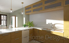 Bright, open-concept kitchen rendering with light wood cabinetry, white countertops, and a subway tile backsplash. The design features a large kitchen island with an integrated sink and casual seating. A dining area with large glass doors opens to an exterior view, enhanced by tropical plants.