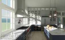 Grand Southern Colonial kitchen interior rendering with classic white and dark blue cabinetry, marble countertops, and a large central island. The room is brightly lit by tall windows and features a prominent range hood over a professional-style stove.