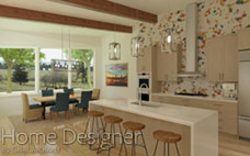 Modern kitchen interior rendering featuring light wood cabinetry, white countertops, and a unique terrazzo-patterned accent wall. The open-concept design includes a central island with bar seating and a dining area visible through large windows overlooking a green landscape.
