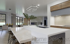 Contemporary kitchen interior rendering with a large white kitchen island featuring an integrated sink and bar seating. The space is illuminated by a unique rectangular pendant light fixture and offers an open view to a dining area and living room through large black-framed windows.
