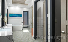 Contemporary bathroom interior rendering with dual vanity sinks, modern fixtures, and a freestanding bathtub positioned by a large window. The space utilizes geometric floor tiles, white shiplap wall paneling, and an abstract blue artwork for accent.