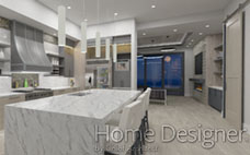 High-end contemporary kitchen interior rendering with custom cabinetry in shades of gray and wood tones, featuring a large marble island with seating, state-of-the-art appliances, and unique backsplash tiling. An adjacent living space with a fireplace is visible through an open archway.