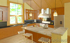 vaulted ceiling yellow kitchen with maple cabinets, soapstone backsplash and granite countertop island with large window