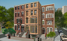 Three five-story, brick brownstone buildings with bay windows on a city block.