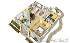 A dollhouse render showing a kitchen, living room and bedrooms.