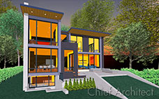 A three-story modern house at sunset with interior rooms visible and a back patio leading to a grassy, sloped ramp.