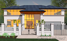 A hip roof modern house at sunset with glowing windows and stucco inside a gated, fenced yard.