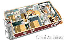 一个红色房子的一楼玩偶屋的视图，提供了厨房，餐厅，客厅和卧室的视图。＂data-pagespeed-url-hash=