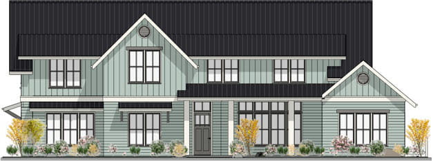 Front elevation view of green and grey farmhouse