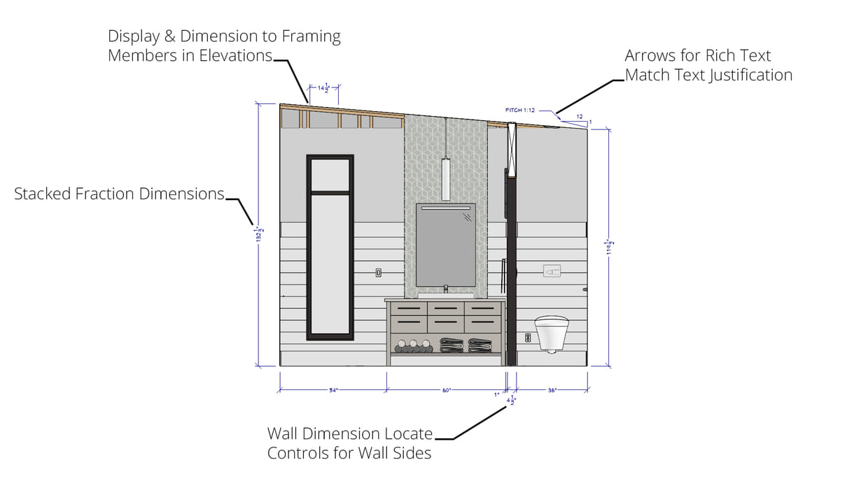 2D Bathroom Wall Elevation with dimensions and vaulted ceiling
