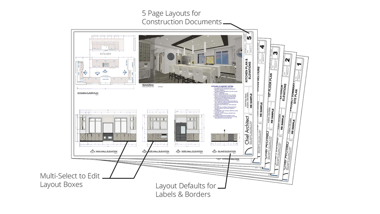 Residential Construction drawings created with Home Designer's five Layout pages