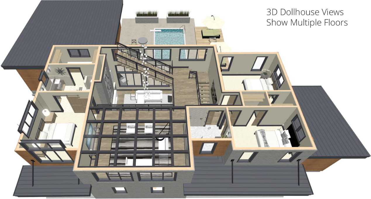 3D Dollhouse top down view with multiple floors