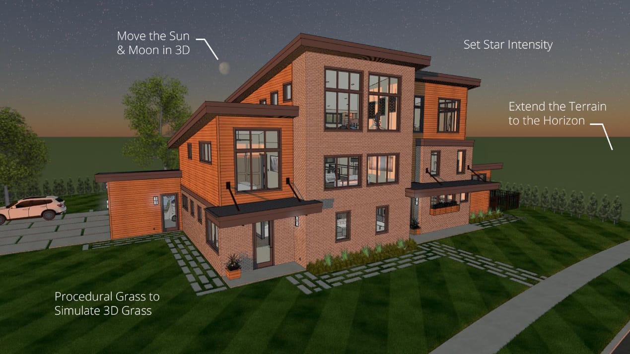 Exterior render showing procedural grass, sun and moon control in 3D, and other sky and horizon features new in Home Designer 2024