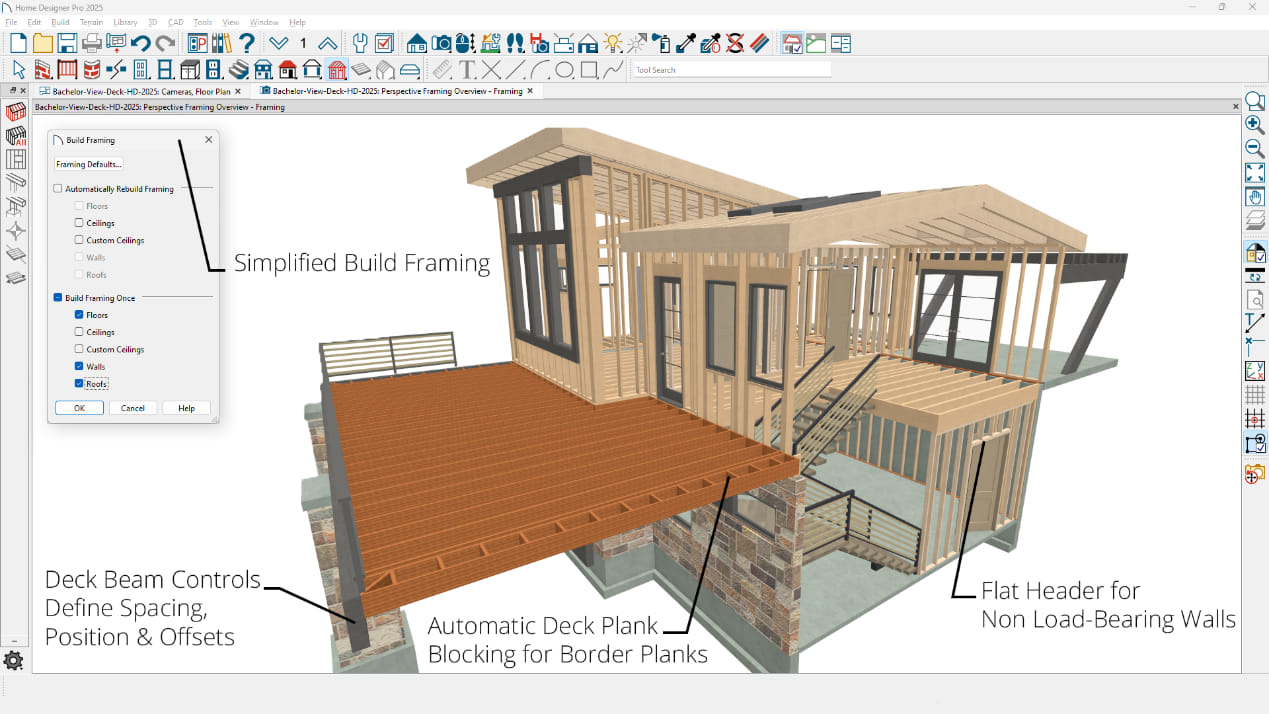 House framing render with new framing and deck features for Home Designer 2025.