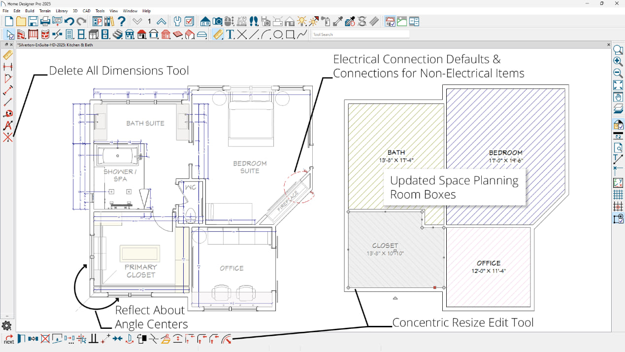 Floorplans showing new drafting and project management features for Home Designer 2025.
