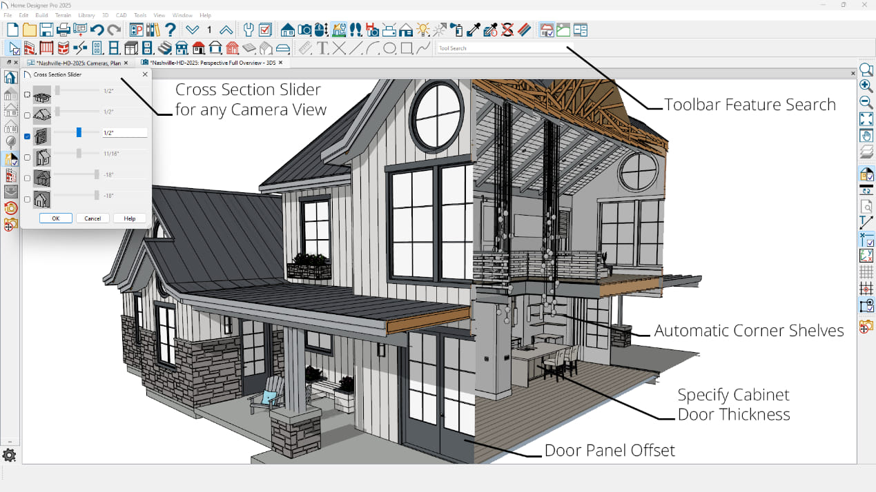 Modern farmhouse cutaway render with new Home Designer 2025 productivity features for searching, camera cross sections and cabinets.