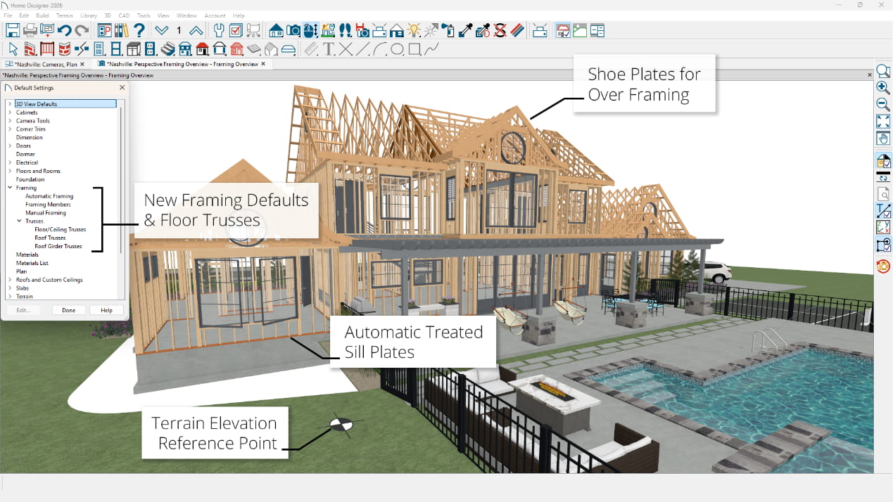 Residential 3D framing rendering with swimming pool.