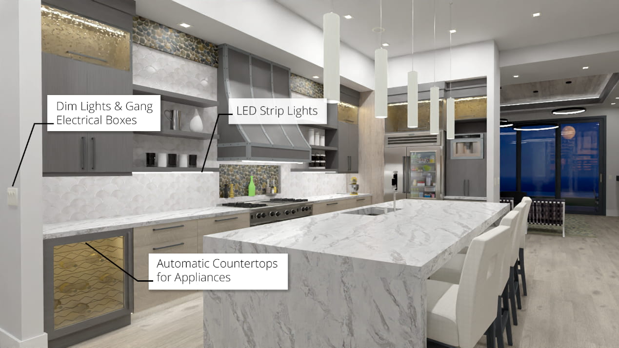 Modern kitchen rendering with a waterfall island.