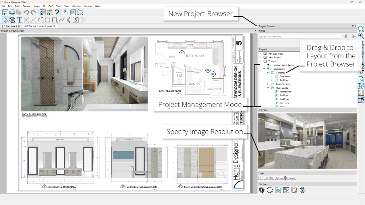 Home Designer software interface showing a Bathroom plan set with a 3D rendering, bathroom floor plan and bath wall elevations.
