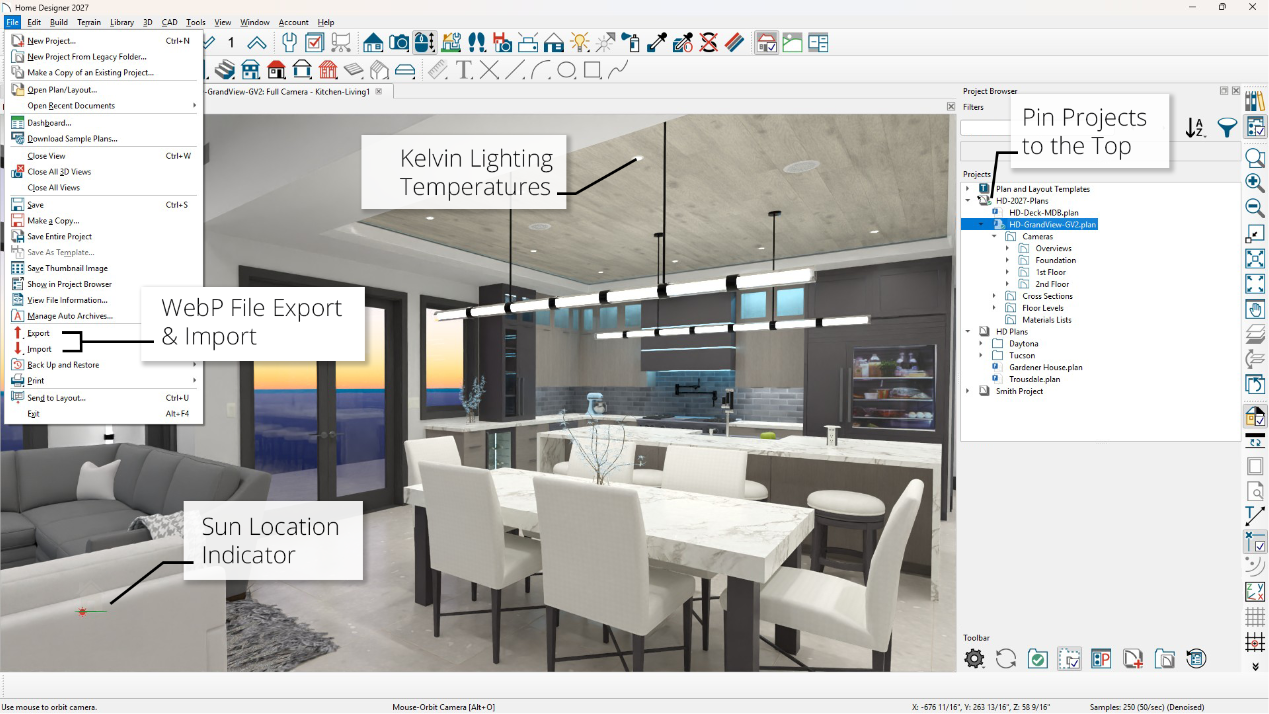 Home Designer software interface showing a modern kitchen and dining room in 3D view with tools for web export and import, lighting temperature controls, sun location indicator, and project browser pinning.