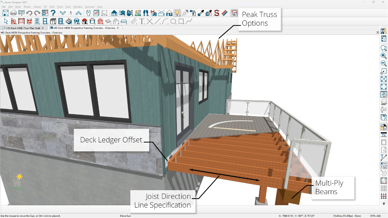 A 3D framing and deck model with structural components exposed. New features called out including peak truss options, deck ledger offset, joist direction line specification, and multi-ply beam controls.