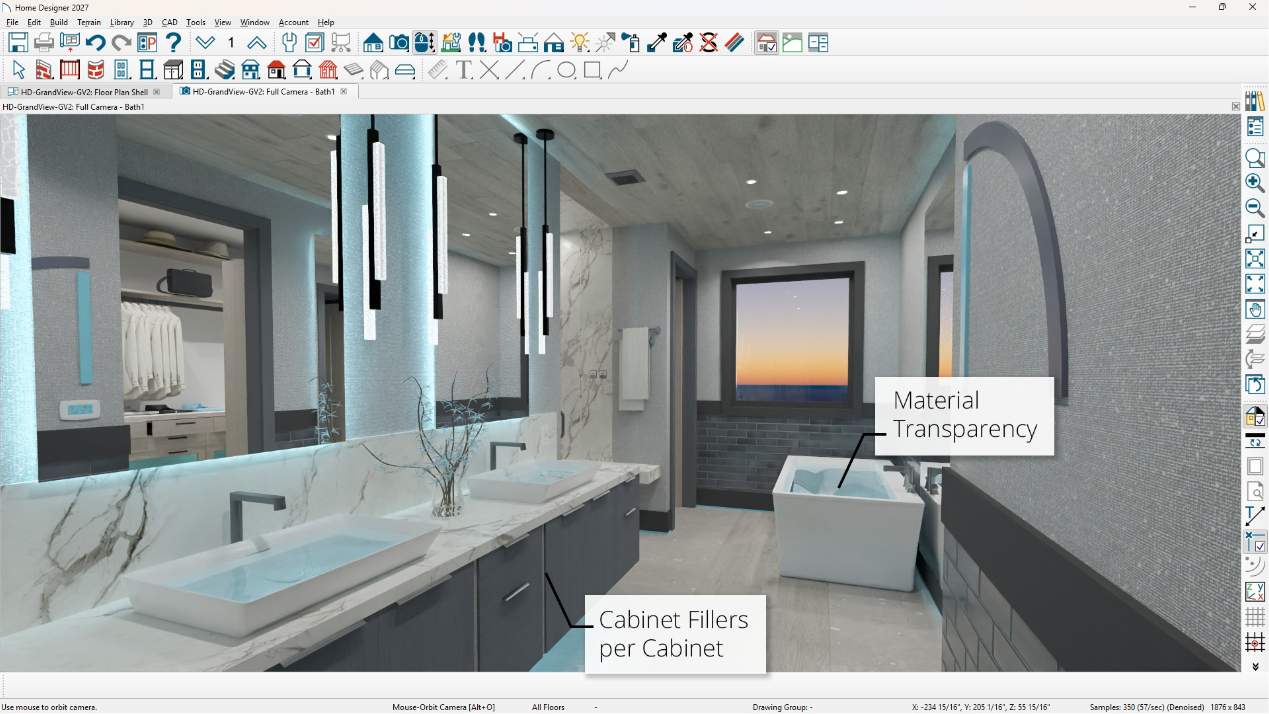A photorealistic 3D rendering of a bathroom with double vanities, a freestanding bathtub, and a walk-in closet. The interface highlights new features including material transparency controls and cabinet fillers per cabinet.