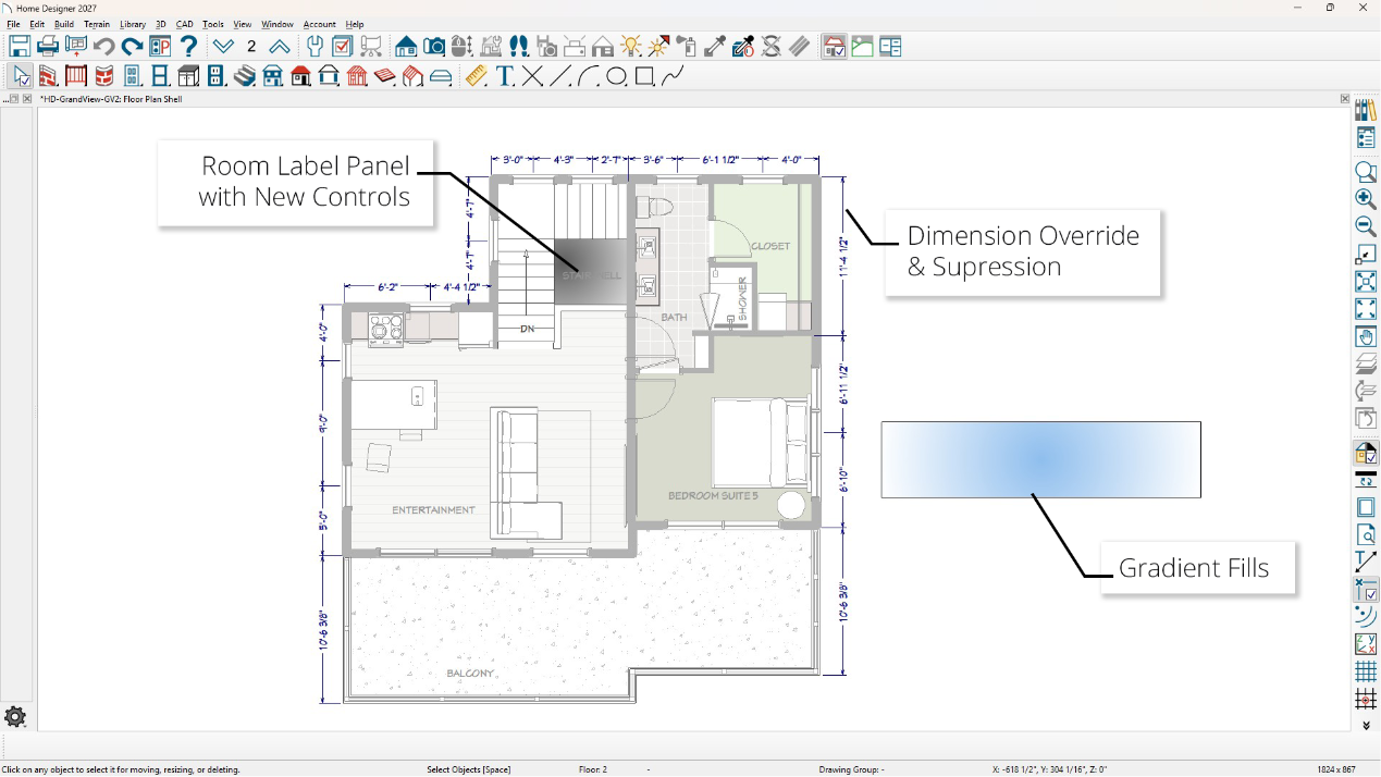 A 2D floor plan with room labels, dimensions, and color-filled spaces. Callouts highlight new features including enhanced Room Label panel controls, dimension override and suppression options, and gradient fills.